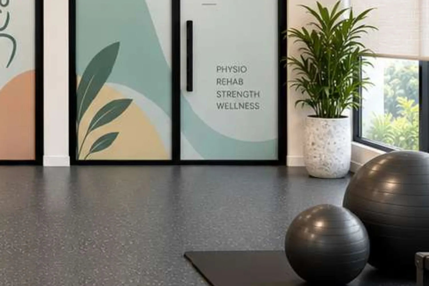 Exercise balls and mat in the rehab room