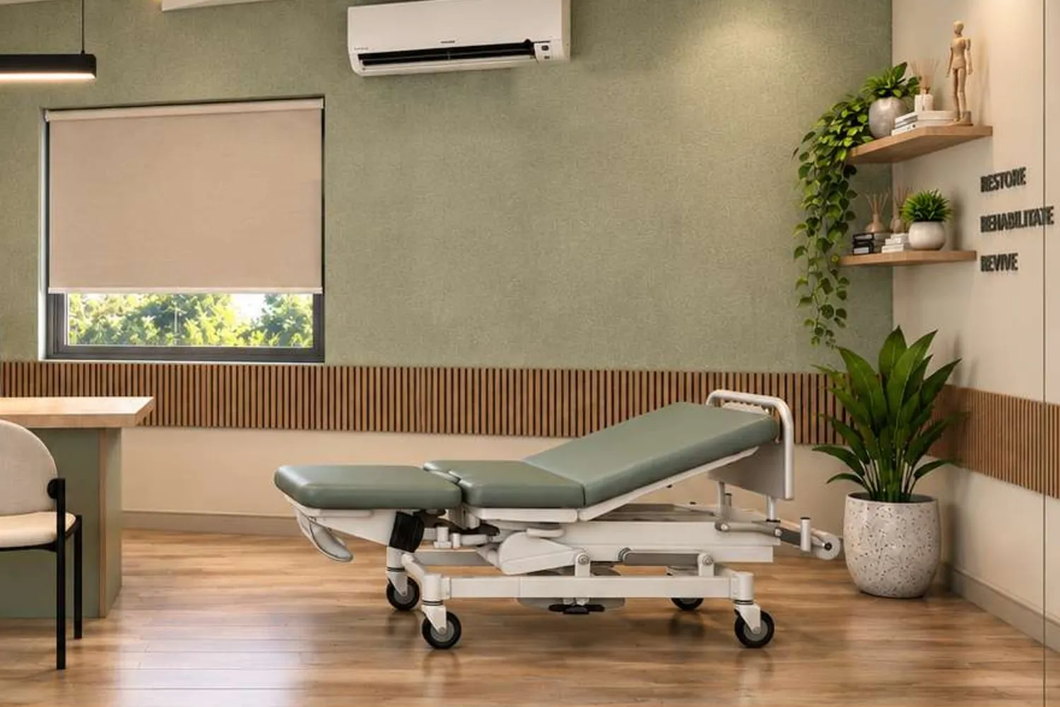 Treatment room with an adjustable physiotherapy couch